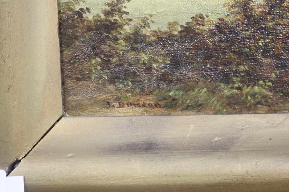 J. Duncan, oil on mahogany panel, City viewed from pastoral land, signed, 25 x 32cm